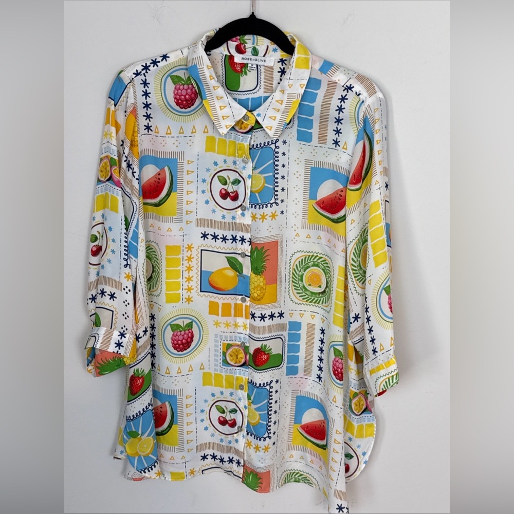 Rose + Olive Woven Peasant Top Blouse Shirt Boho Collared Tropical Fruit Plus 1X